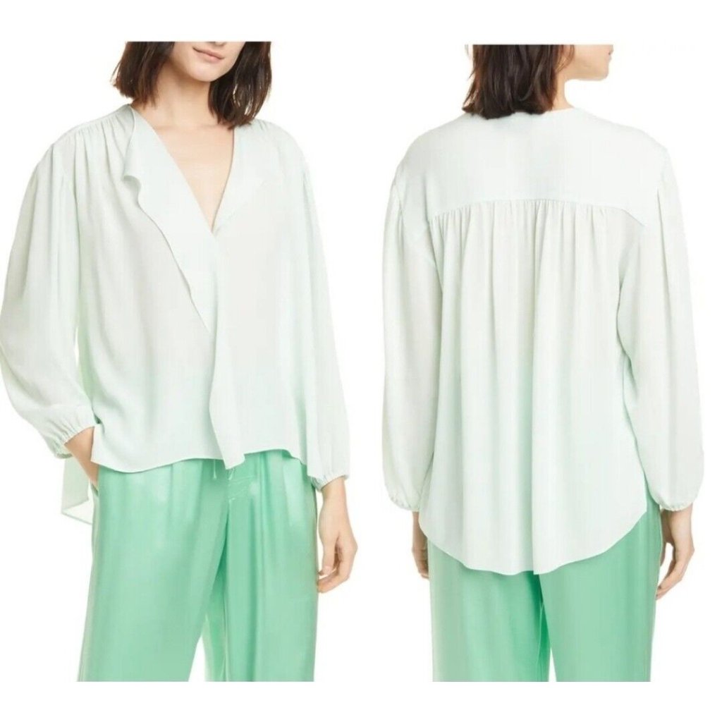 Vince Shirred Long Sleeve Silk Blouse Color Sea Foam Top Size Small